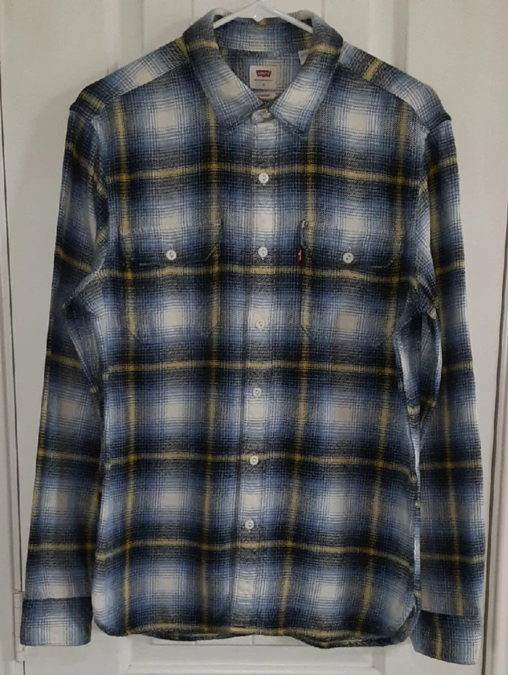 Levi's Jackson Worker Flannel Overshirt Shacket Plaid Blue Yellow Small Flaw